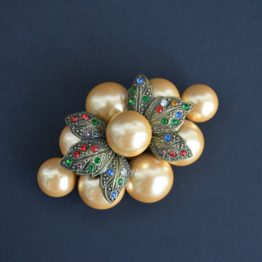 Vintage Faux Pearl Multicolored CZ Stones Brooch Leaves