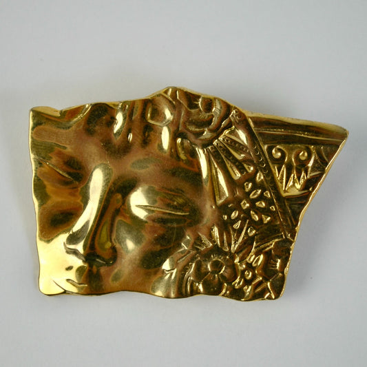 Vintage JJ Jonette Jewelry Shiny GOLD Asian FACE Pin Brooch
