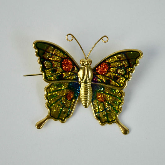 Colorful Vintage Gold Toned Butterfly Brooch