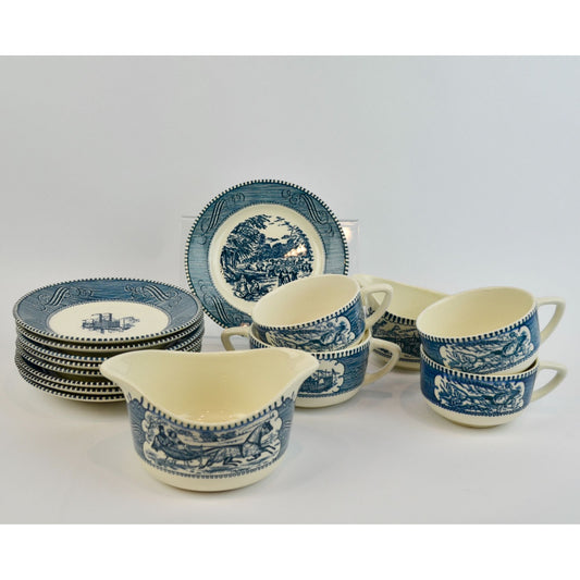 Currier & Ives Blue Dinnerware Set Various Pieces Plates Mugs Creamer Sugar