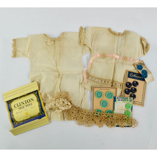 Antique Unfinished Doll Dresses Lot of 2 Plus Buttons Needles & Lace