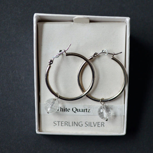 Sterling Silver White Quartz Hoop Earrings New