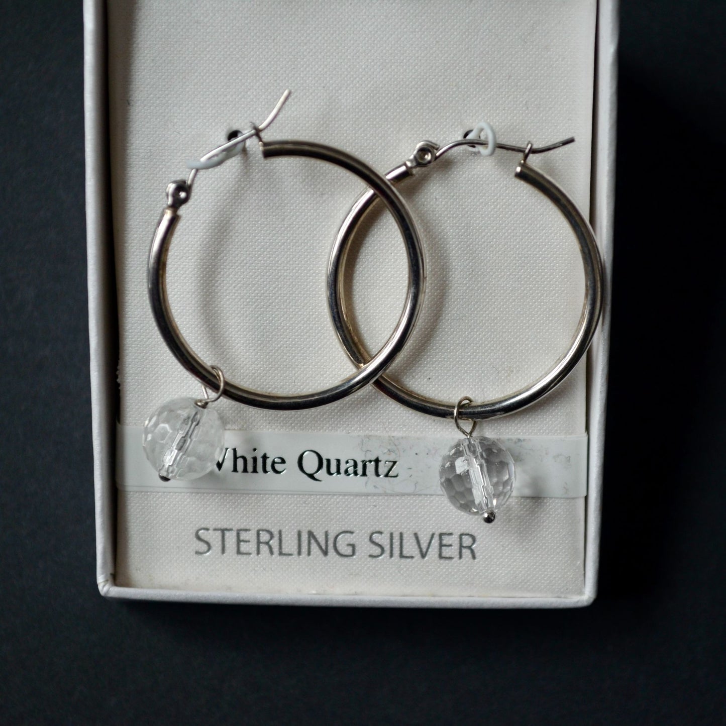 Sterling Silver White Quartz Hoop Earrings New