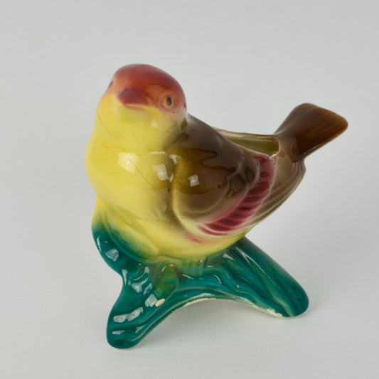 Vintage Royal Copley Kinglet Bird On a Branch Planter Red Beige Yellow Green