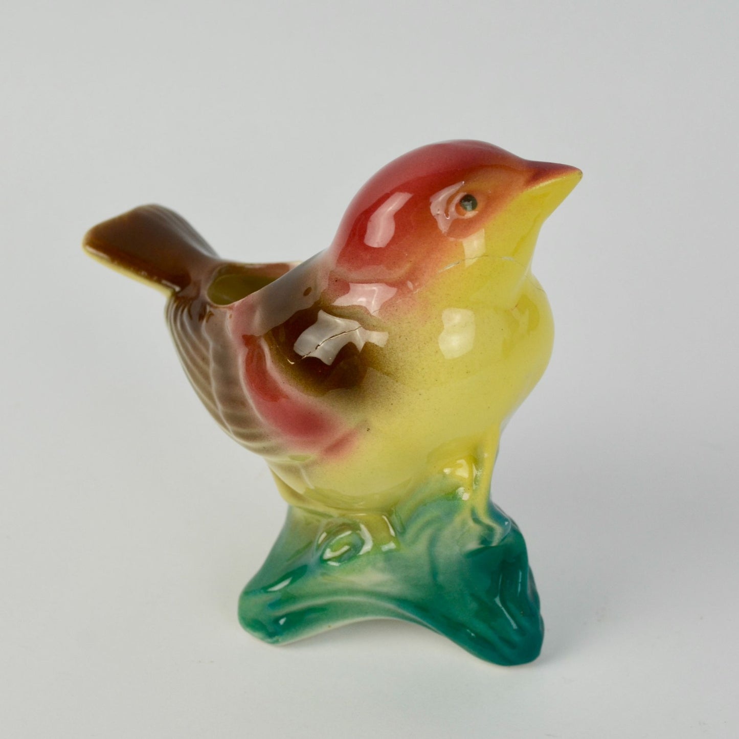Vintage Royal Copley Kinglet Bird On a Branch Planter Red Beige Yellow Green
