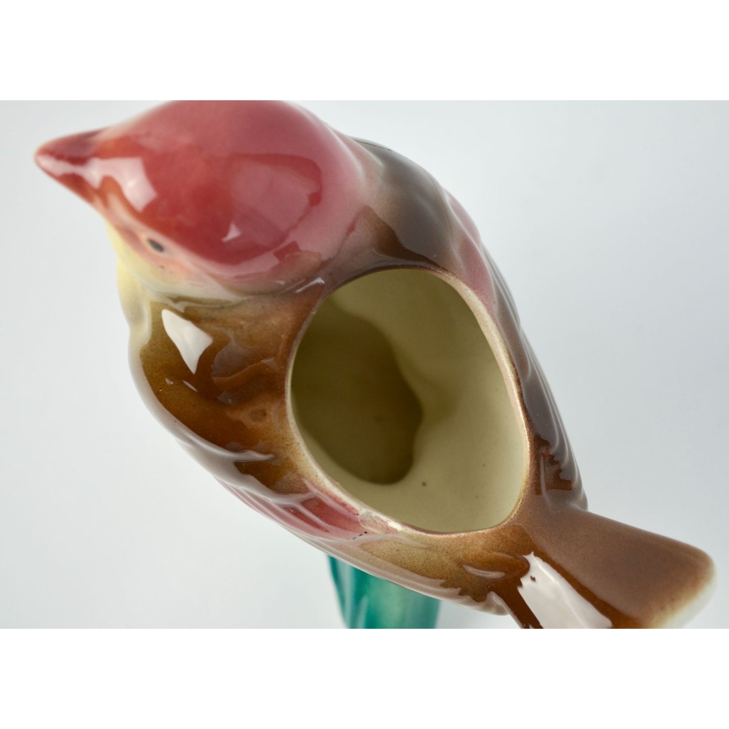 Vintage Royal Copley Kinglet Bird On a Branch Planter Red Beige Yellow Green