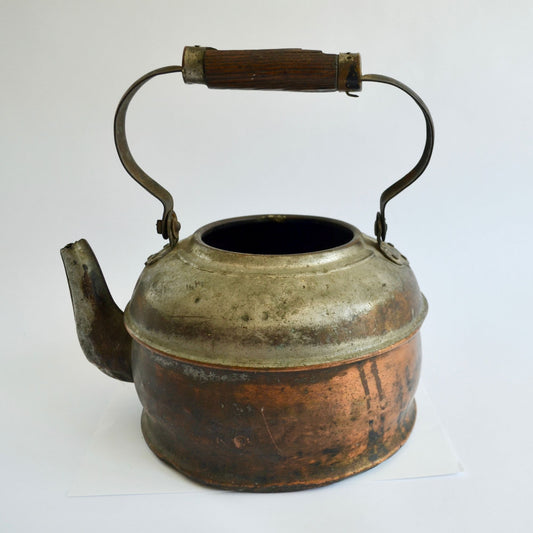 Vintage Primitive Copper Kettle Teapot Wood Handle Antique Tea Pot