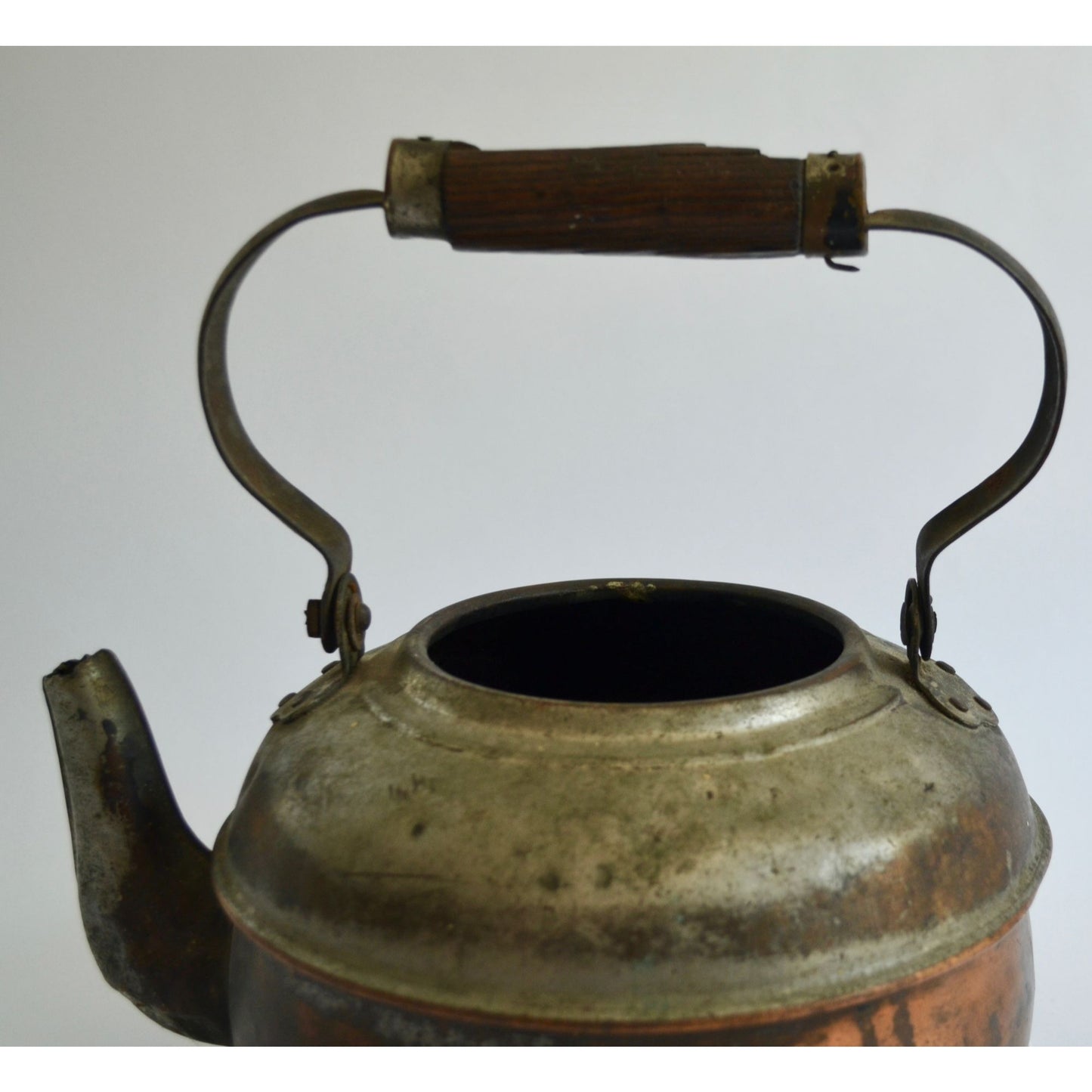 Vintage Primitive Copper Kettle Teapot Wood Handle Antique Tea Pot