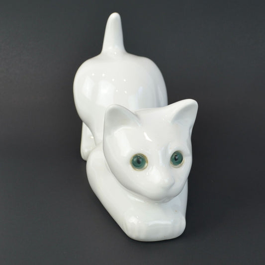 ELPA Portugal White Cat Ceramic Vintage Green Glass Eyes 9.5"