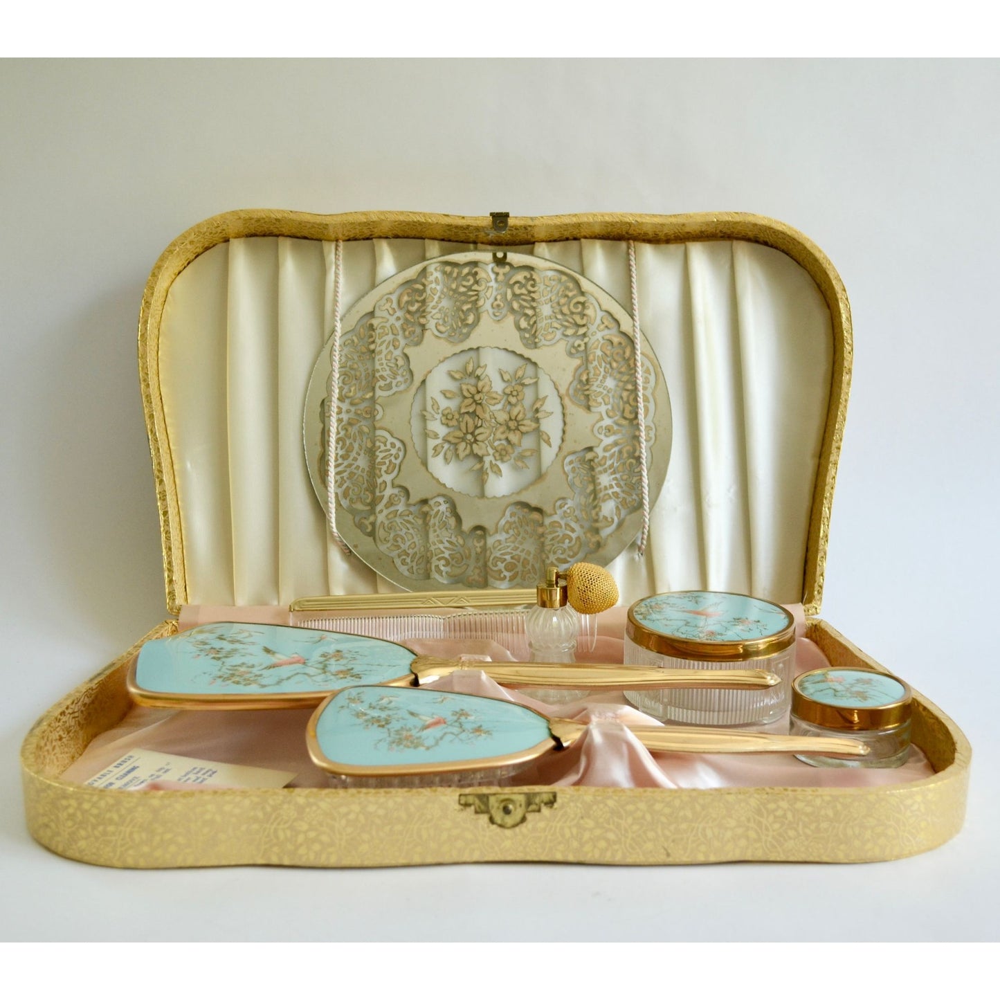 Vintage Dresser Vanity Set In Original Box Gold Blue