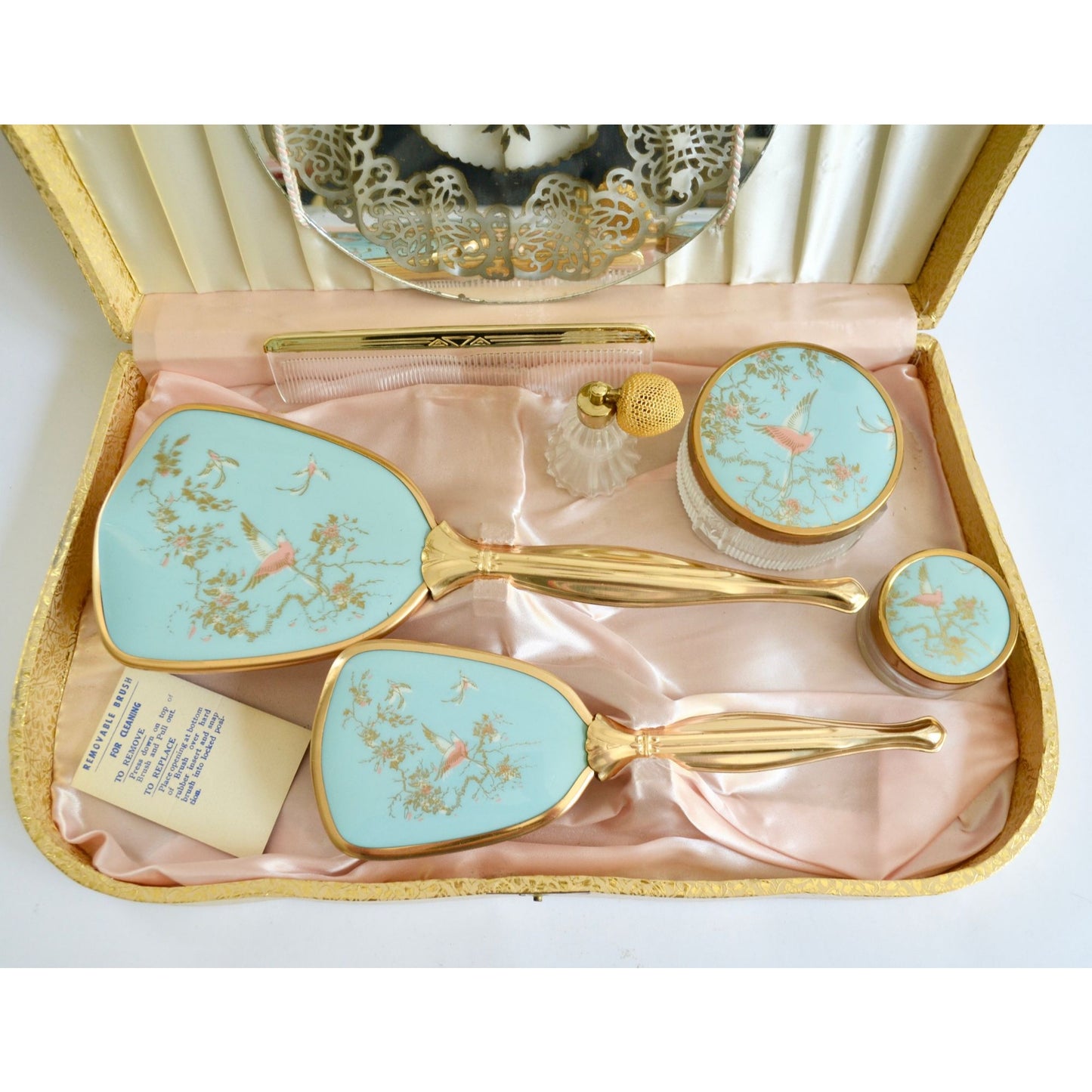 Vintage Dresser Vanity Set In Original Box Gold Blue