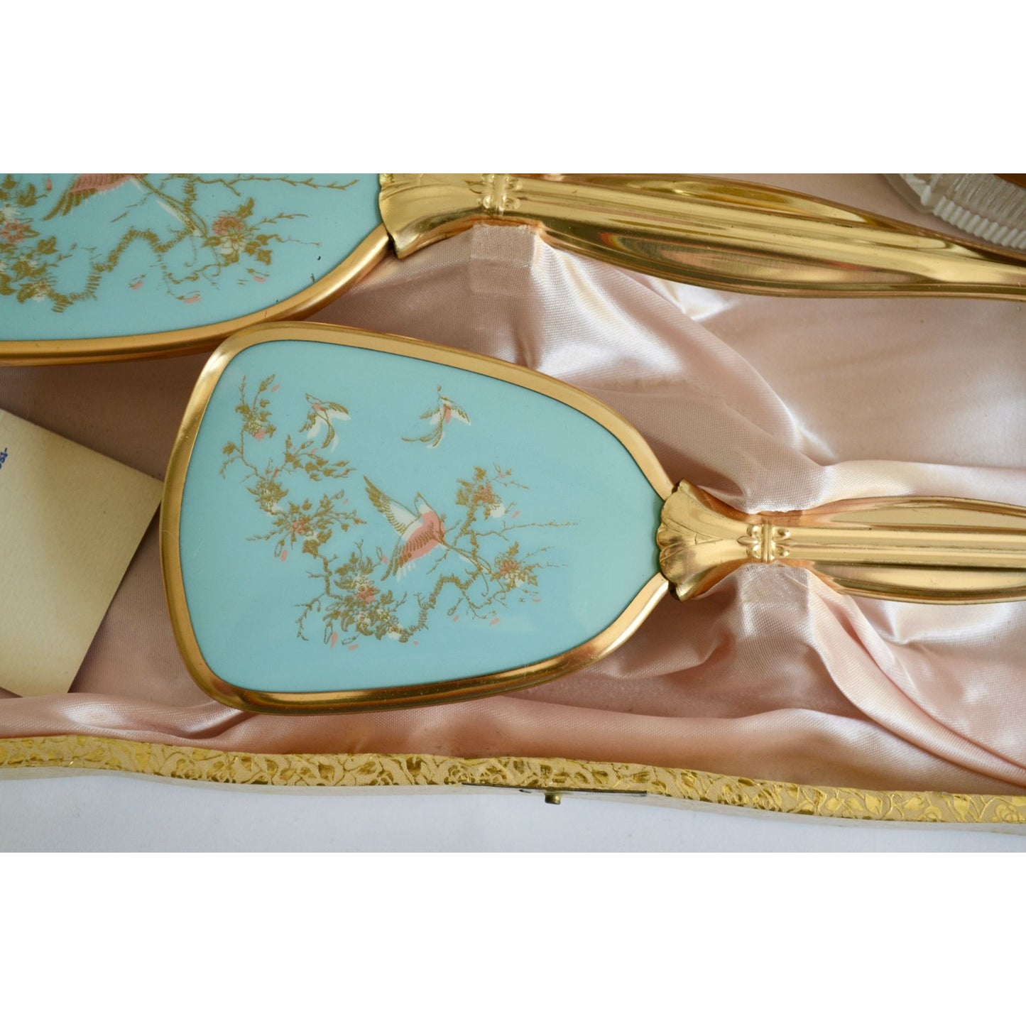 Vintage Dresser Vanity Set In Original Box Gold Blue
