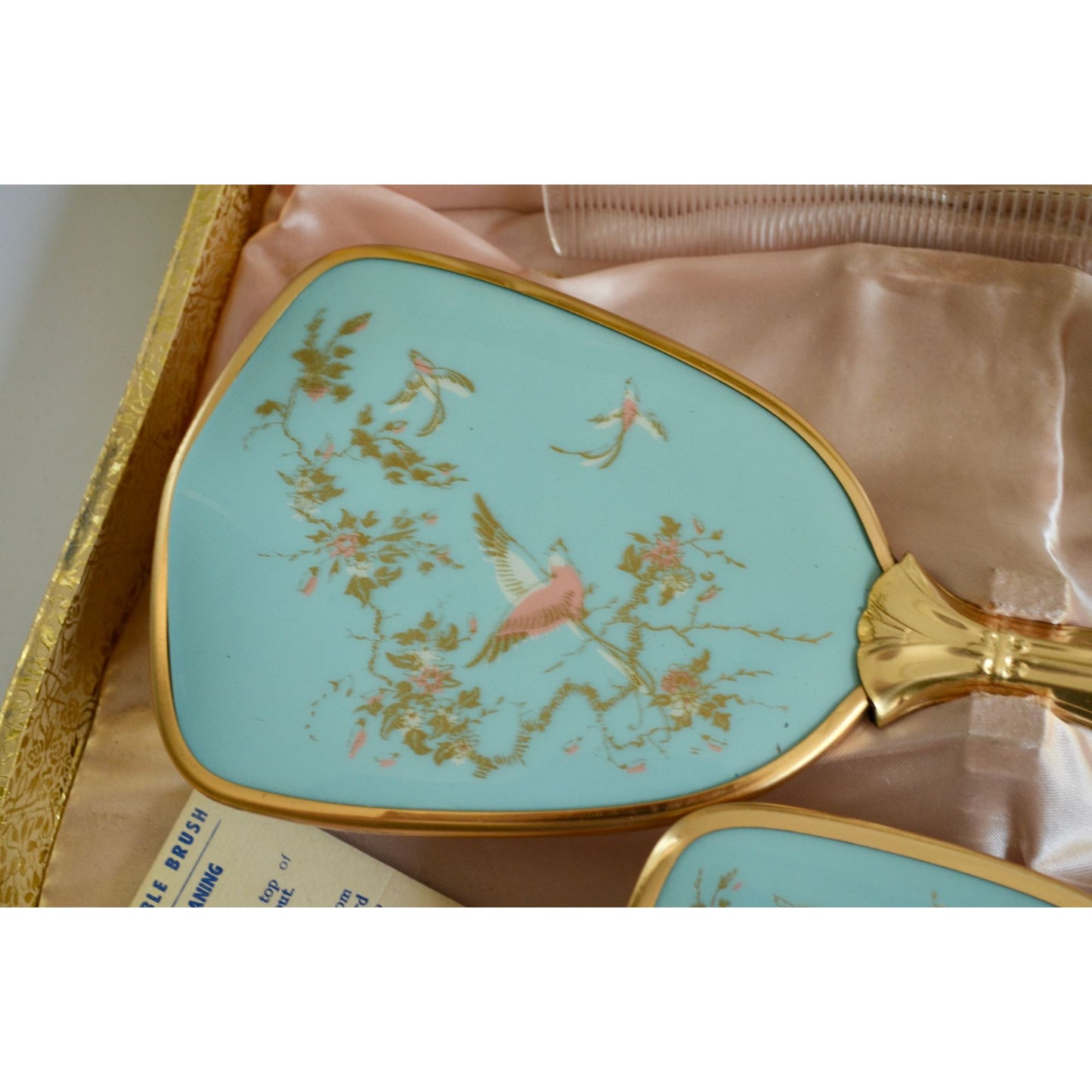 Vintage Dresser Vanity Set In Original Box Gold Blue