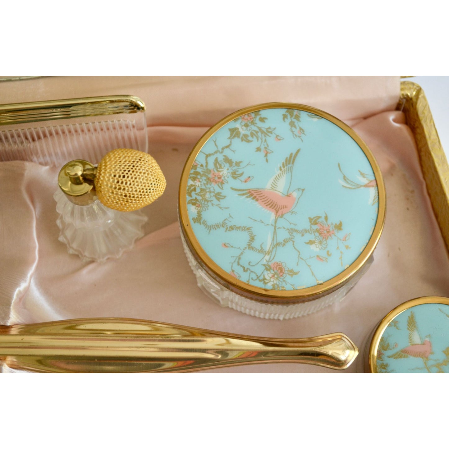 Vintage Dresser Vanity Set In Original Box Gold Blue