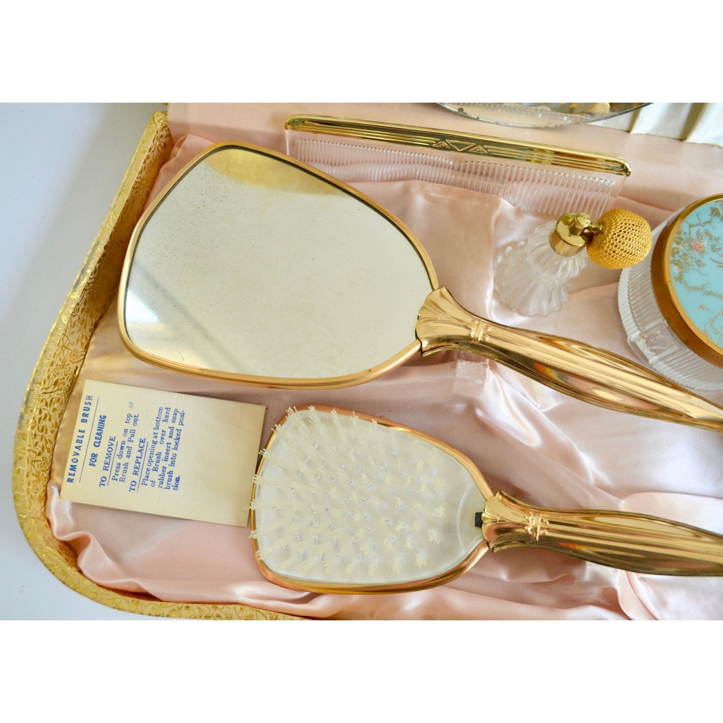Vintage Dresser Vanity Set In Original Box Gold Blue