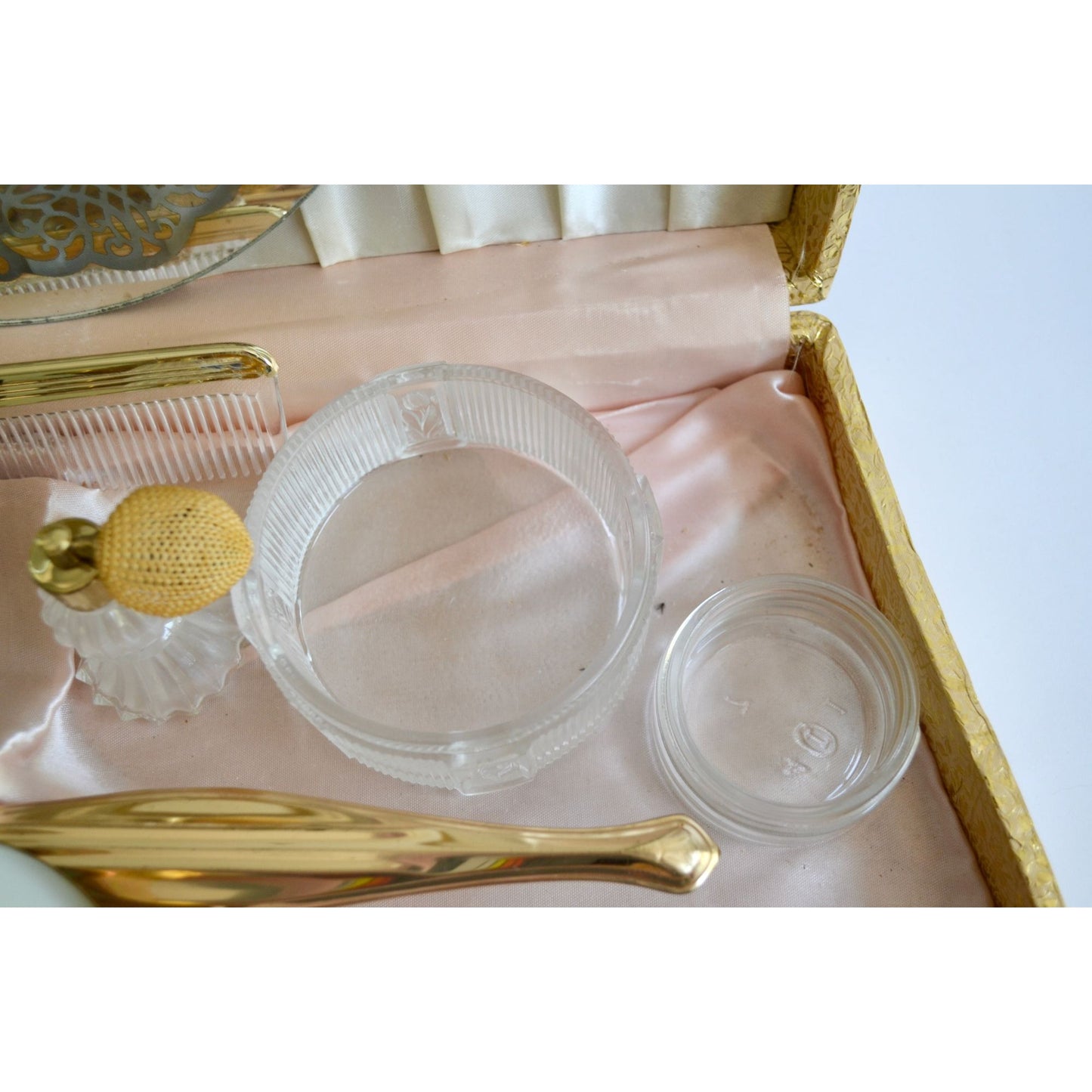 Vintage Dresser Vanity Set In Original Box Gold Blue