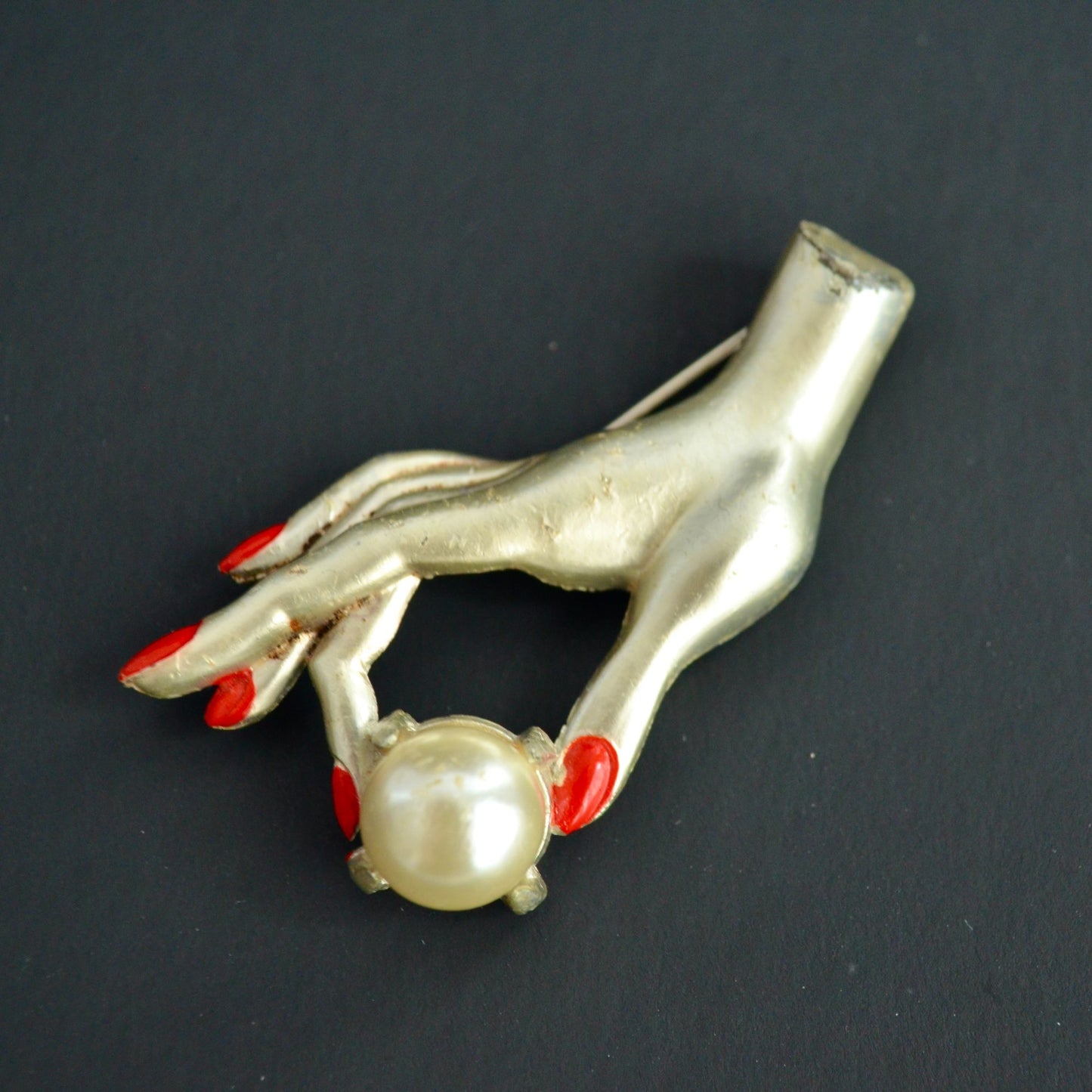 Vintage Ladies Hand Holding Pearl Large Brooch Red Nails