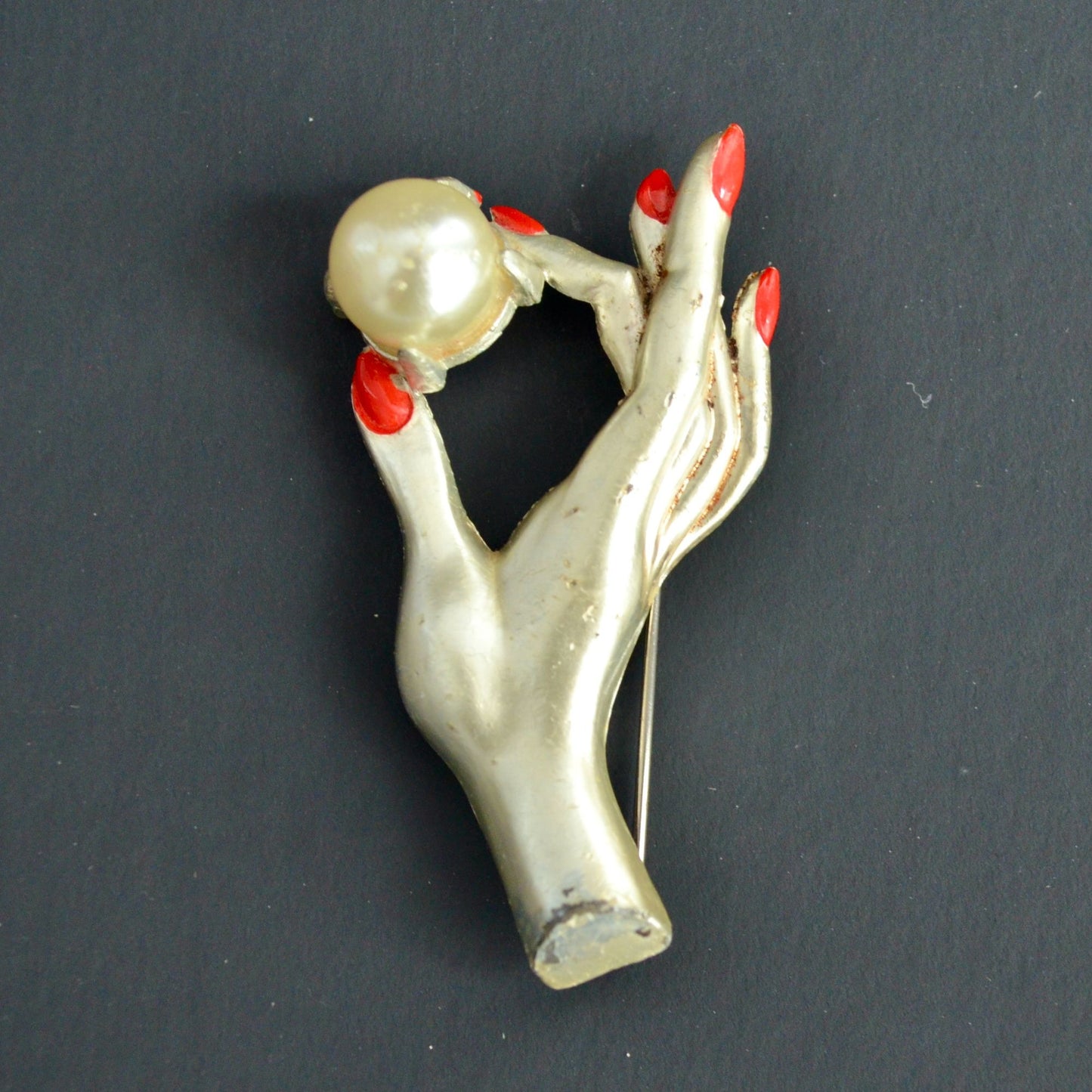 Vintage Ladies Hand Holding Pearl Large Brooch Red Nails