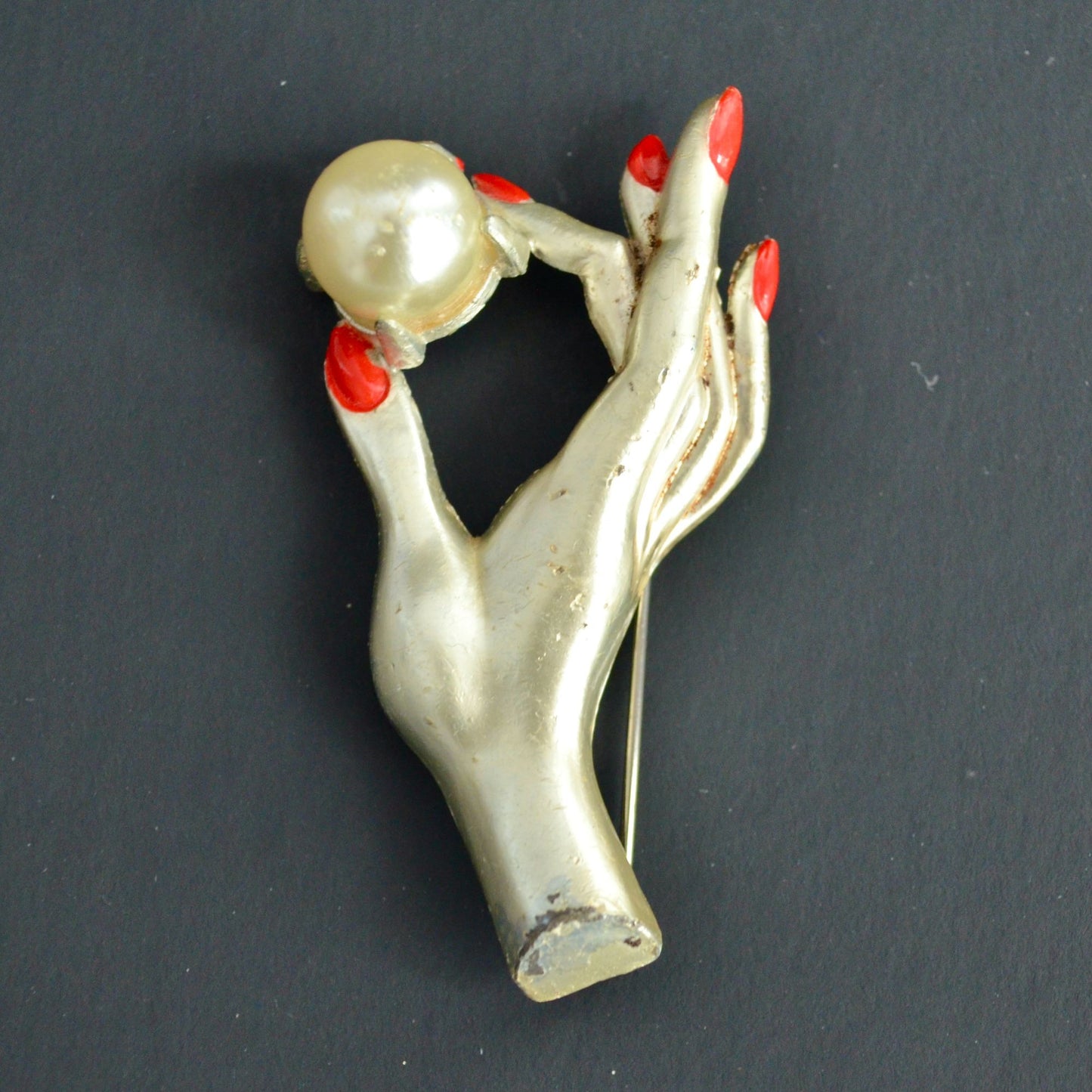 Vintage Ladies Hand Holding Pearl Large Brooch Red Nails