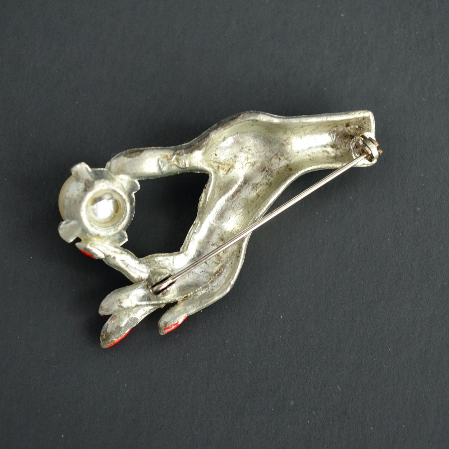 Vintage Ladies Hand Holding Pearl Large Brooch Red Nails