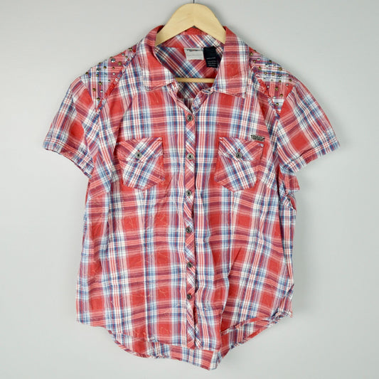Harley Davidson Women's Plaid Button Down Shirt XL Red Short Sleeve