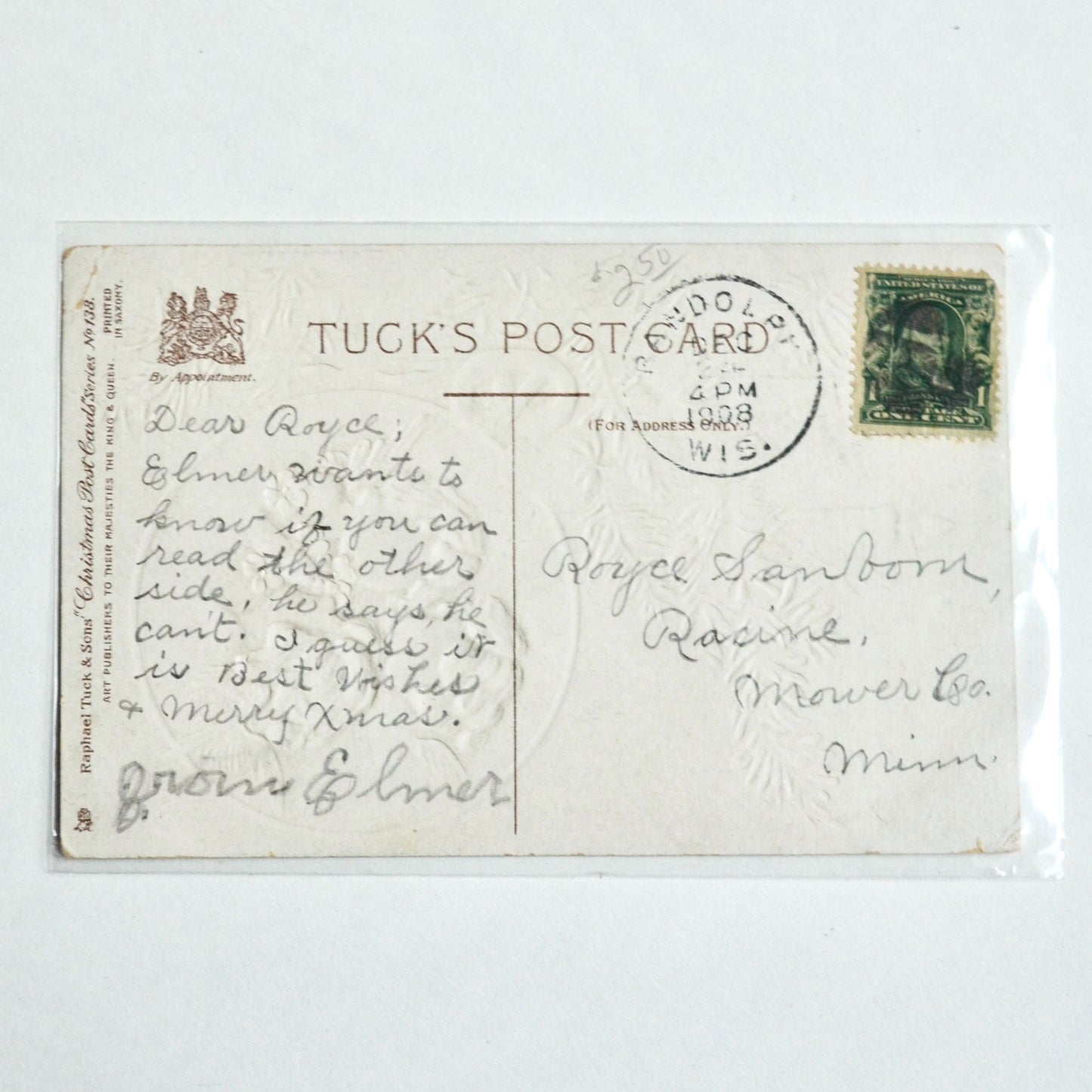 1908 Antique Raphael Tuck & Sons Postcard Christmas German