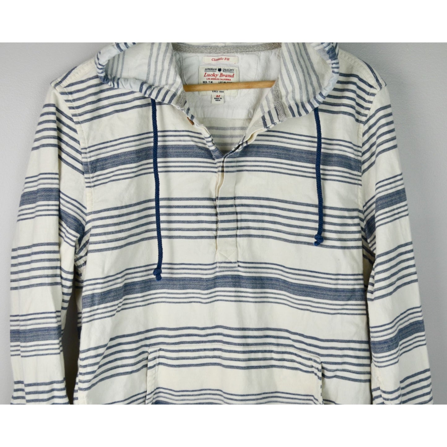 Lucky Brand Men's White Blue Striped Henley Pullover Shirt Medium