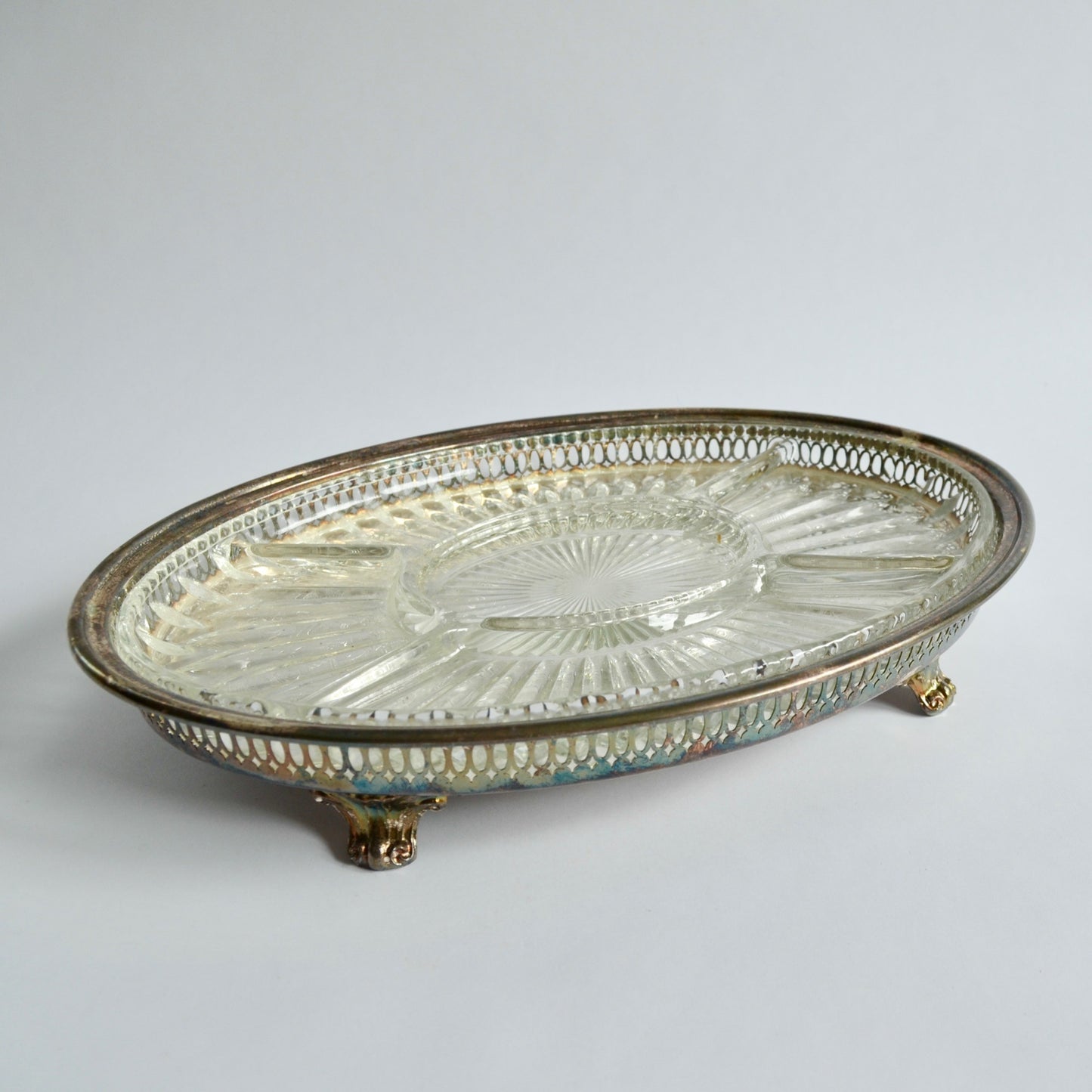 Vintage Silver Plate Large Glass Insert Serving Platter Divided Footed