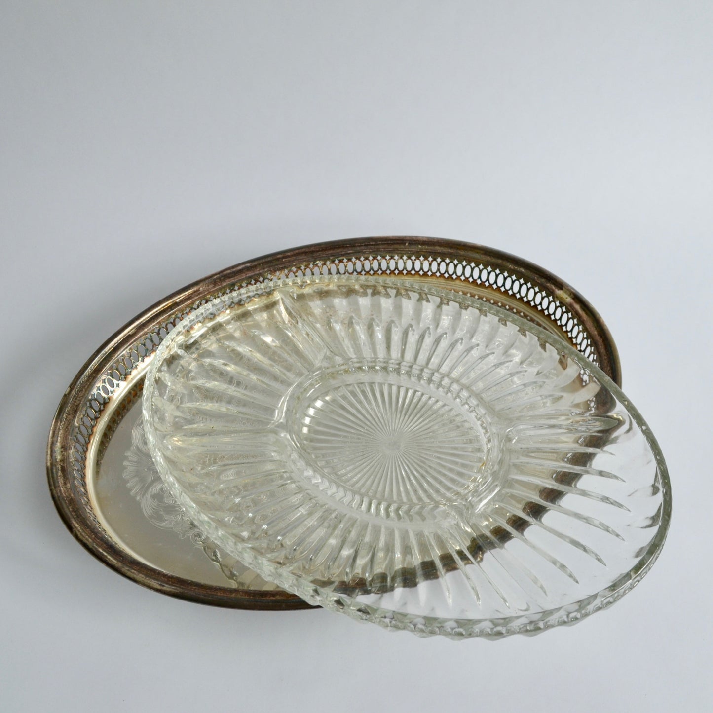Vintage Silver Plate Large Glass Insert Serving Platter Divided Footed