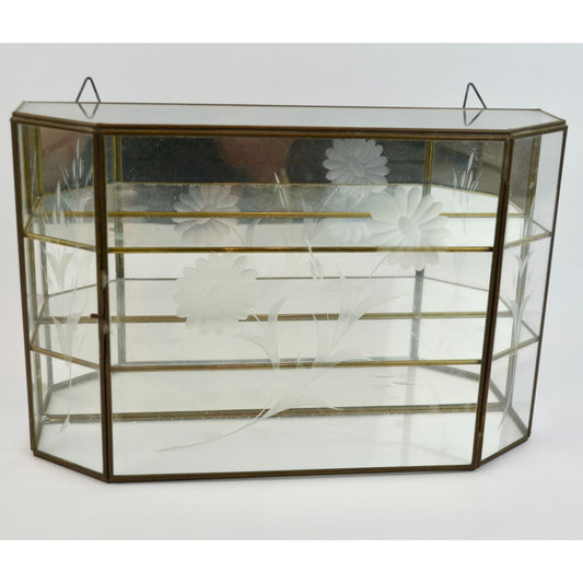 Vintage Etched Glass Brass Mirrored Shelf Hanging Curio