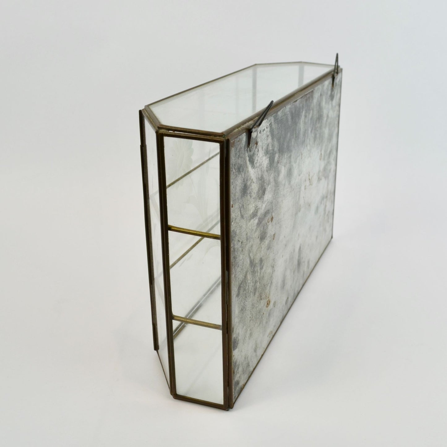 Vintage Etched Glass Brass Mirrored Shelf Hanging Curio