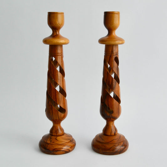 Vintage Hand Carved Wood Spiral Candlestick Holders Pair Mid Century Modern