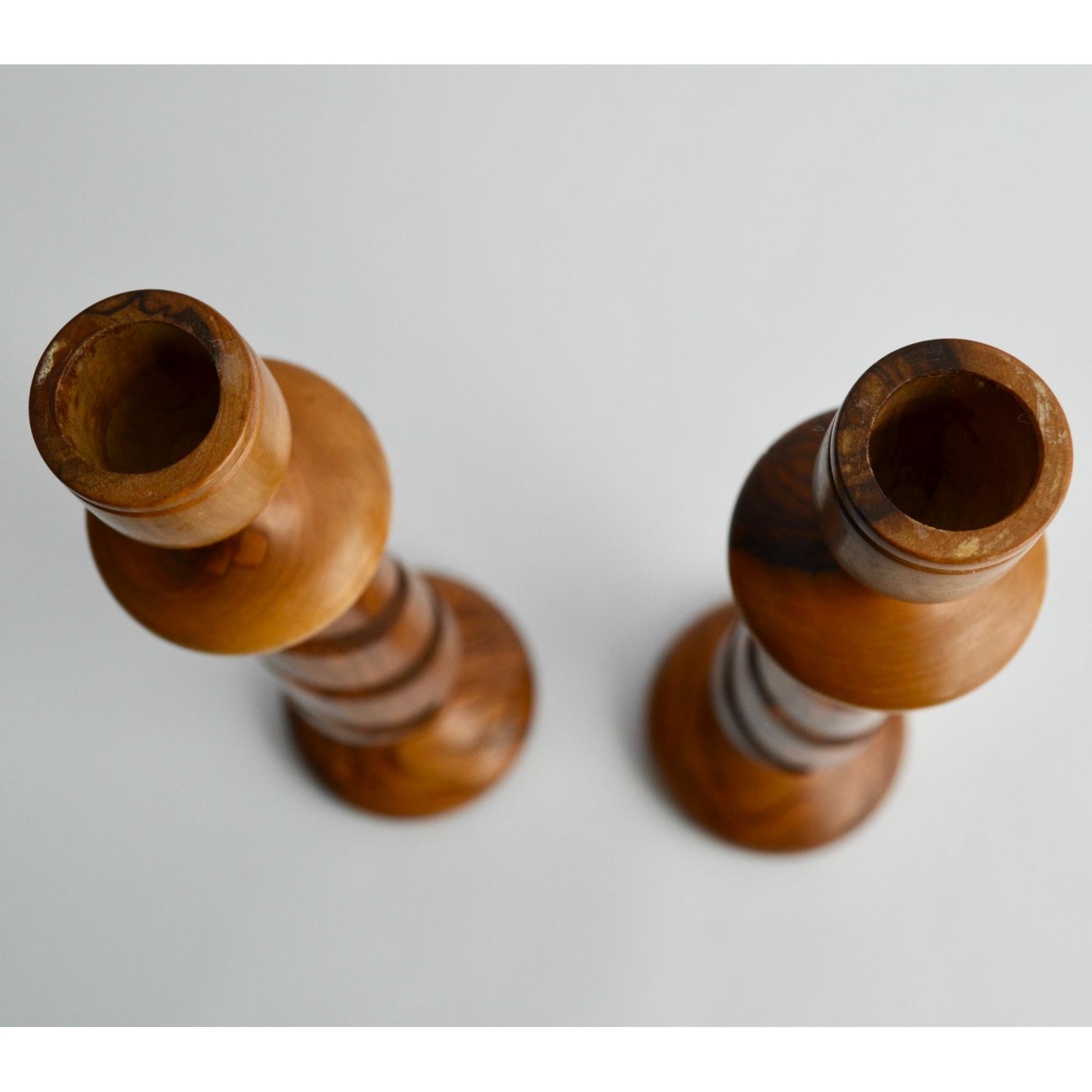 Vintage Hand Carved Wood Spiral Candlestick Holders Pair Mid Century Modern