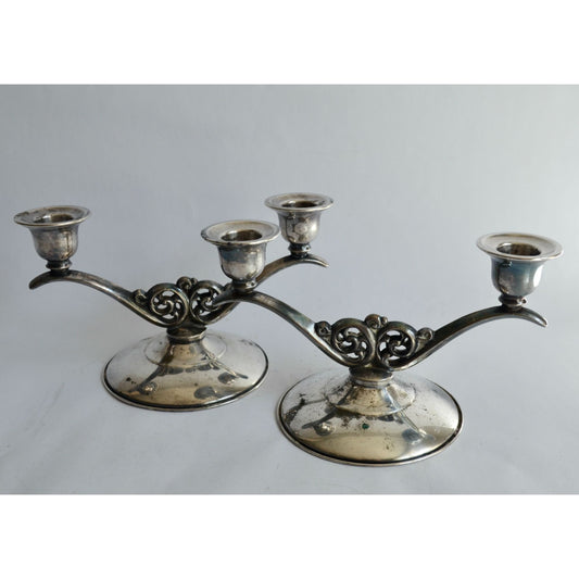 Oneida Vintage Silverplated Double Arm Taper Candlestick Holders Pair