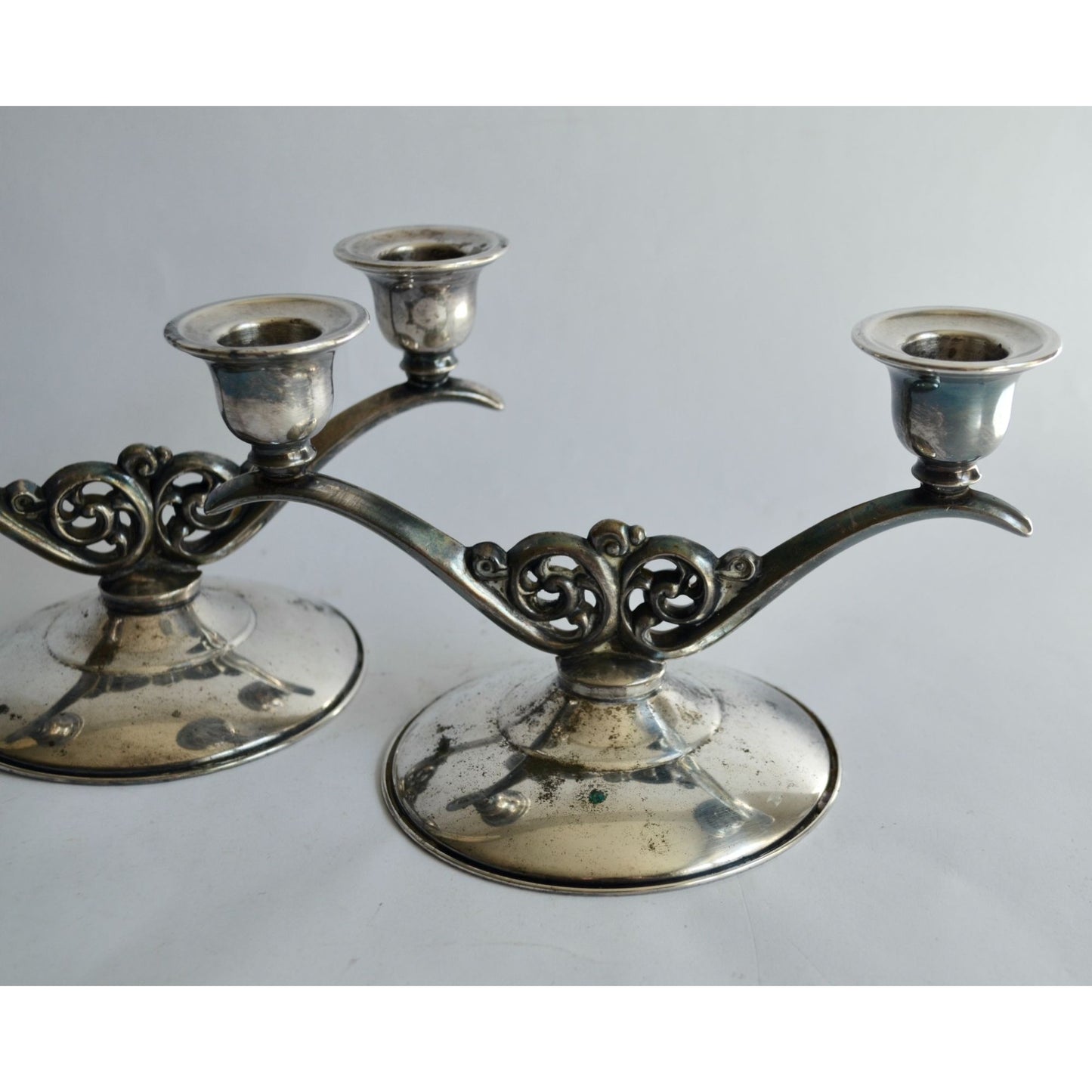 Oneida Vintage Silverplated Double Arm Taper Candlestick Holders Pair