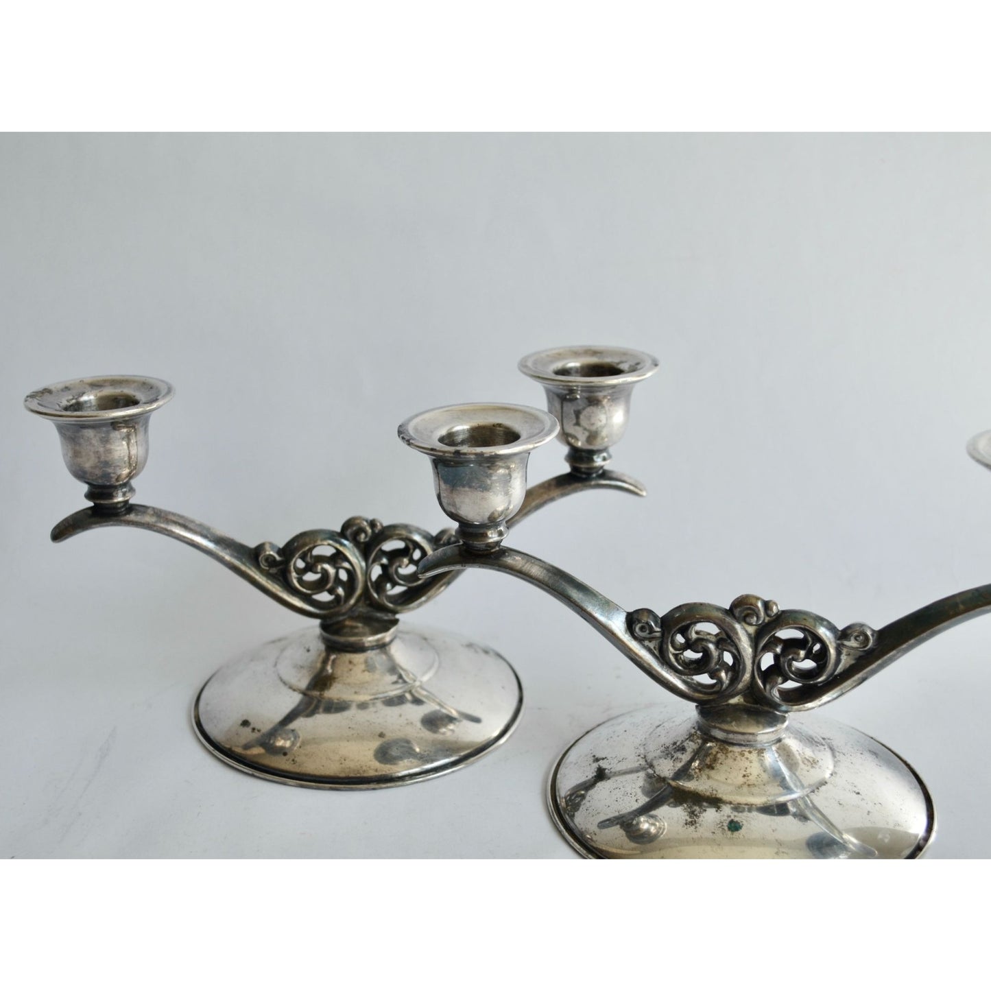 Oneida Vintage Silverplated Double Arm Taper Candlestick Holders Pair