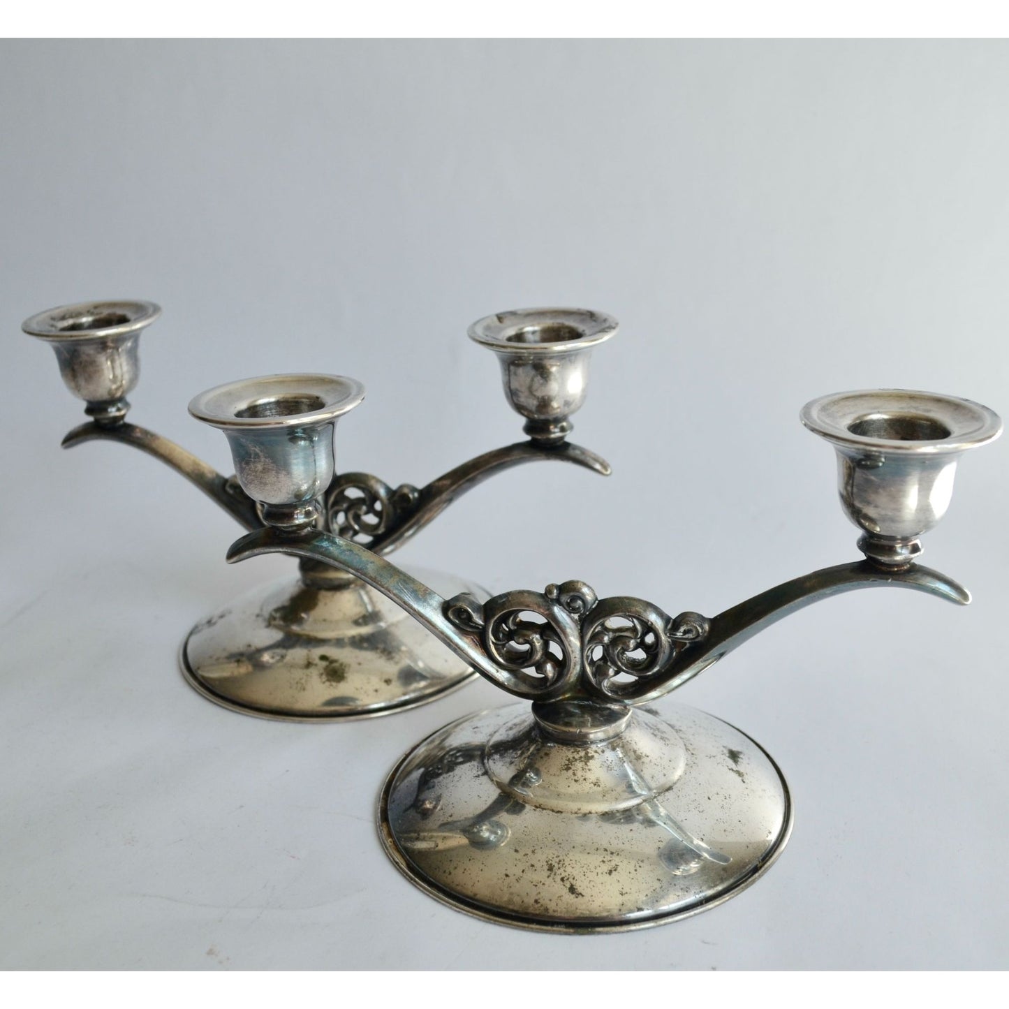 Oneida Vintage Silverplated Double Arm Taper Candlestick Holders Pair