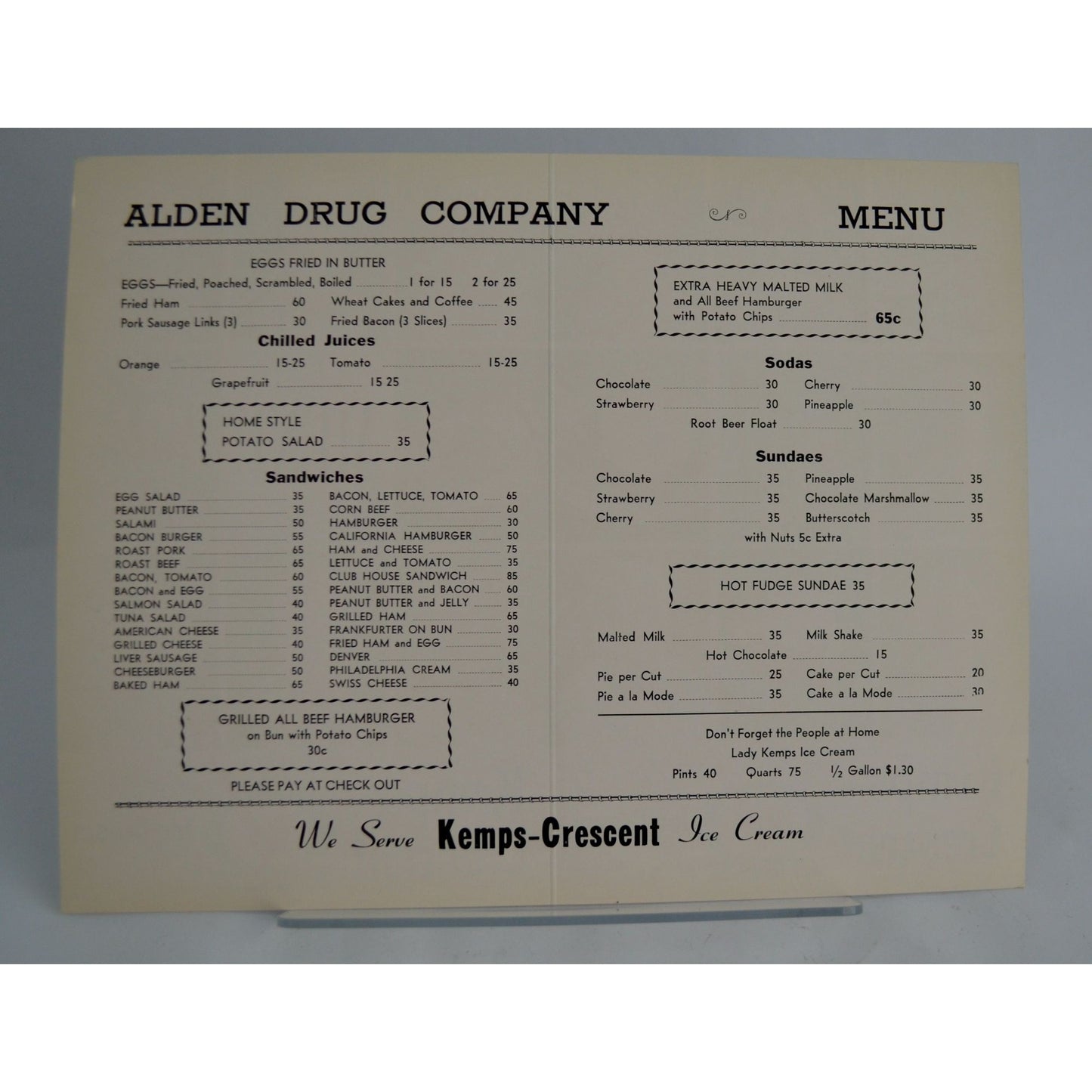 Vintage Kemps Crescent Ice Cream Advertising Alden Drug Company Menu RARE