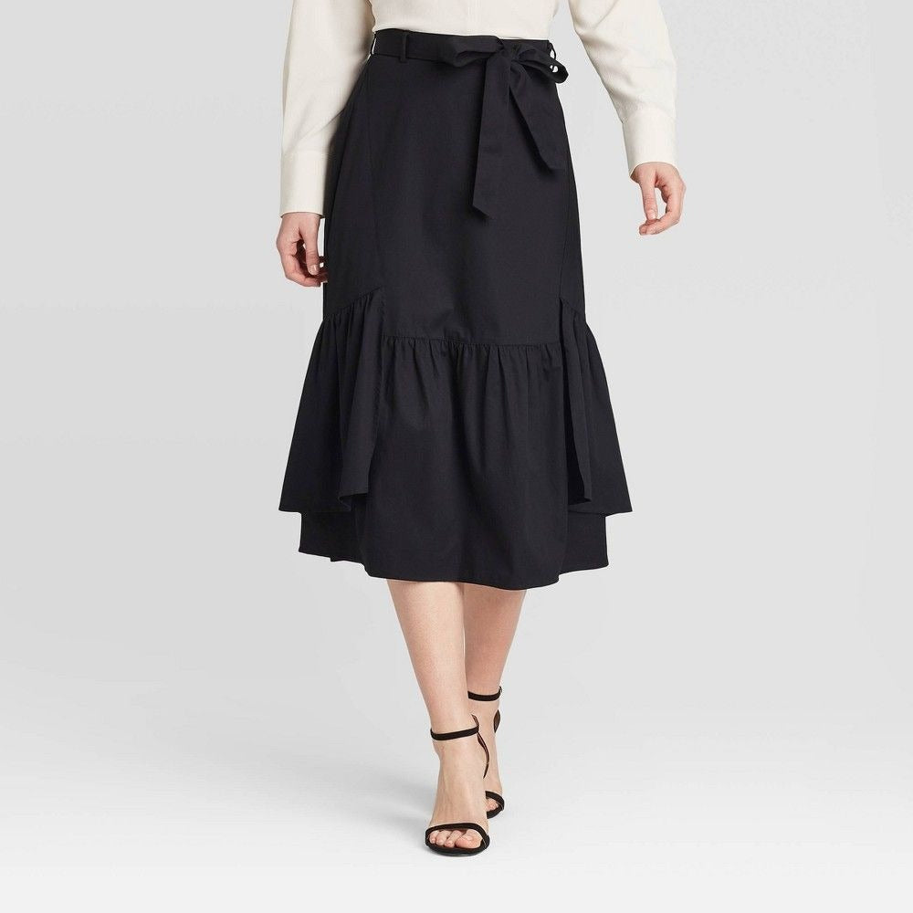 Who What Wear Mid-Rise Belted Seamed MIDI Skirt Black Size 2 New
