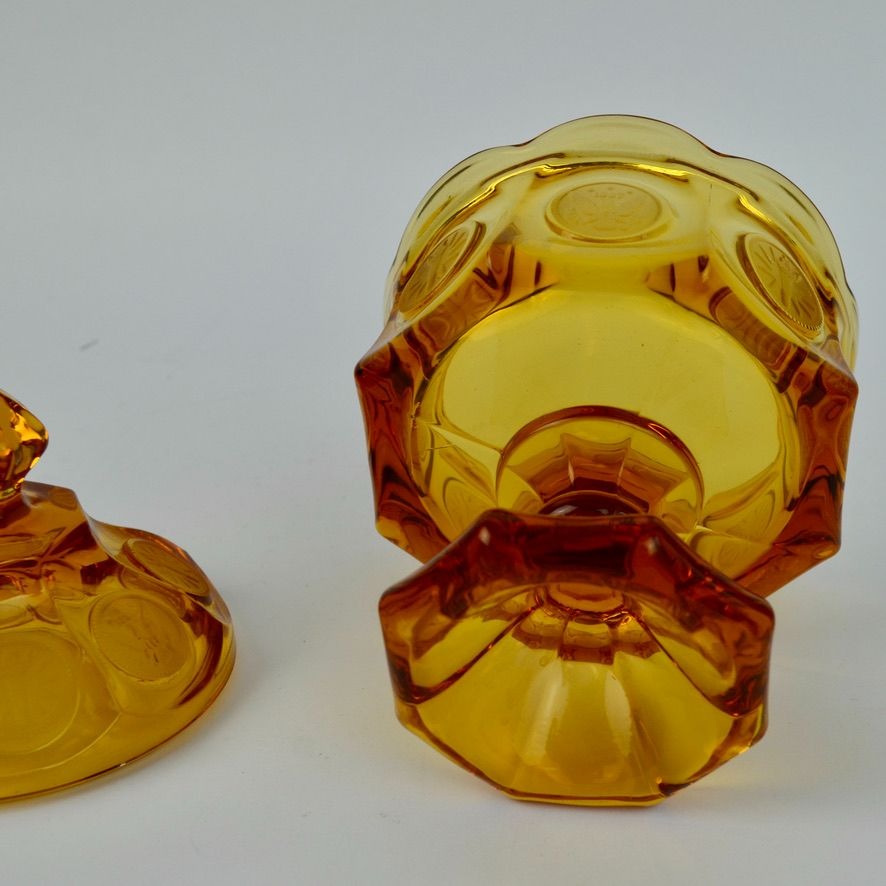 Fostoria Vintage Amber Coin Glass Lidded Candy Dish Compote Eagle Depression