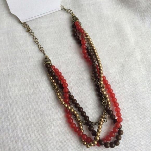 NEW Rust Red & Gold Bead Multi-Strand Necklace