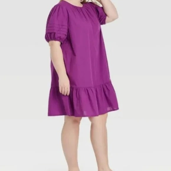 Ava & Viv Pleated Puff Sleeve Dress Purple New 3X