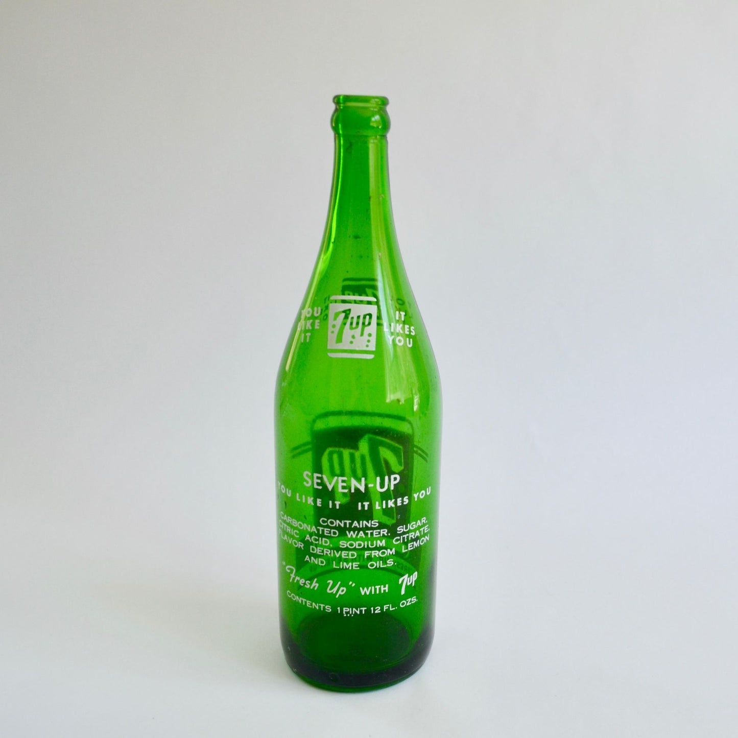 Vintage 7up Glass Bottle 28 Fluid Ounces Green "Fresh Up" 7 Up Soda Pop