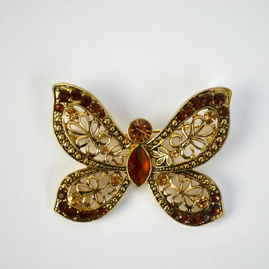 Gold Toned Brown Rhinestone Butterfly Brooch Vintage