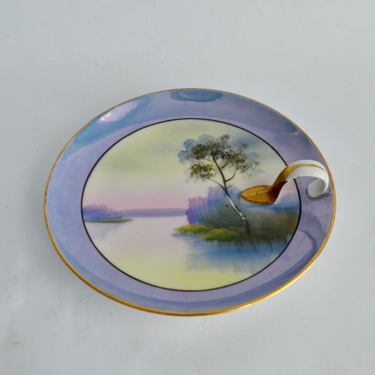 Noritake Japan Handpainted Lustreware Blue Gold Trim Handled Trinket Tray Plate