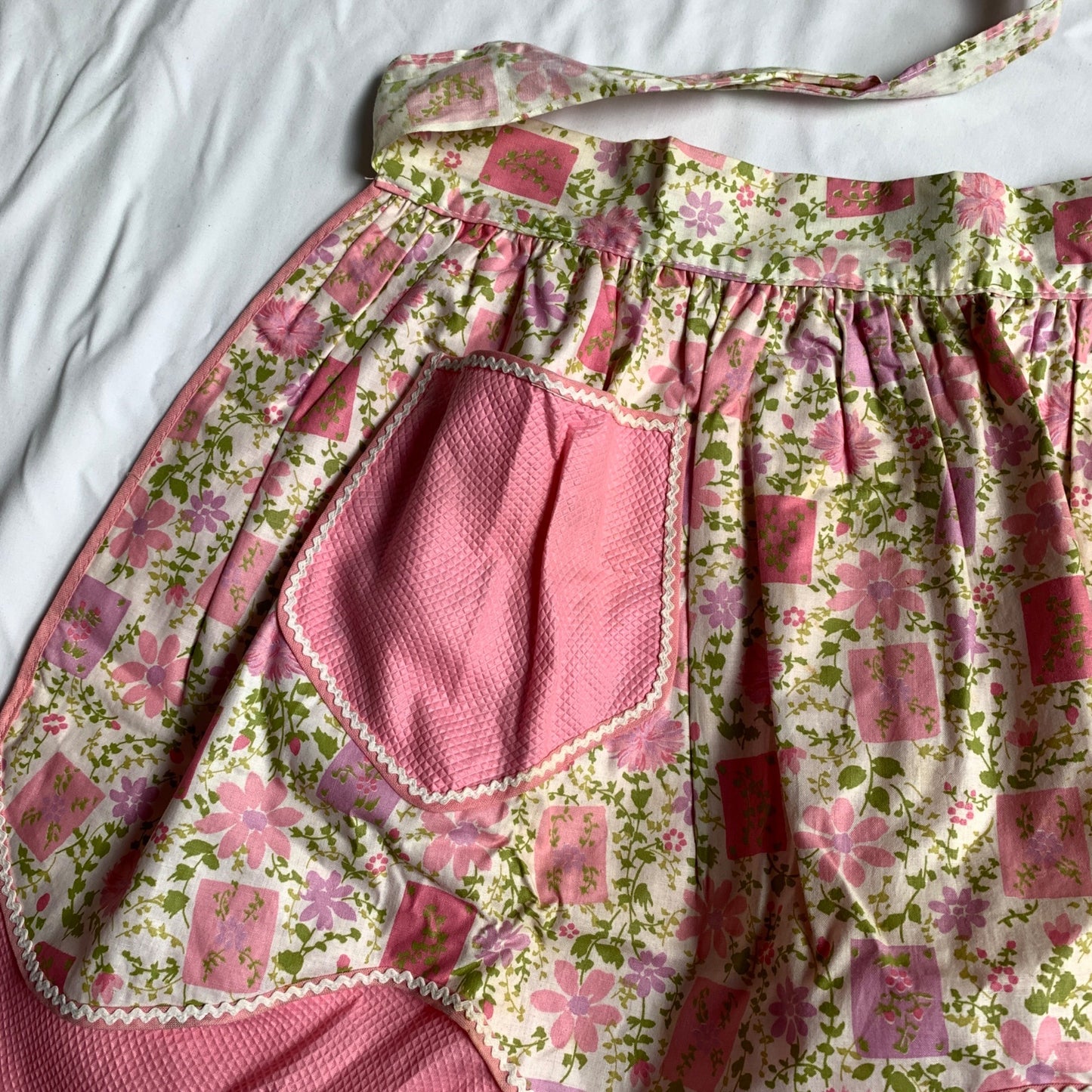 Vintage Pink Floral Reversible Half Apron with Pockets