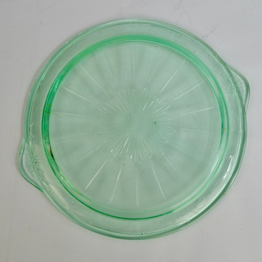 US Glass Tendril Handled Cake Plate Vintage Vaseline Green 9.75"