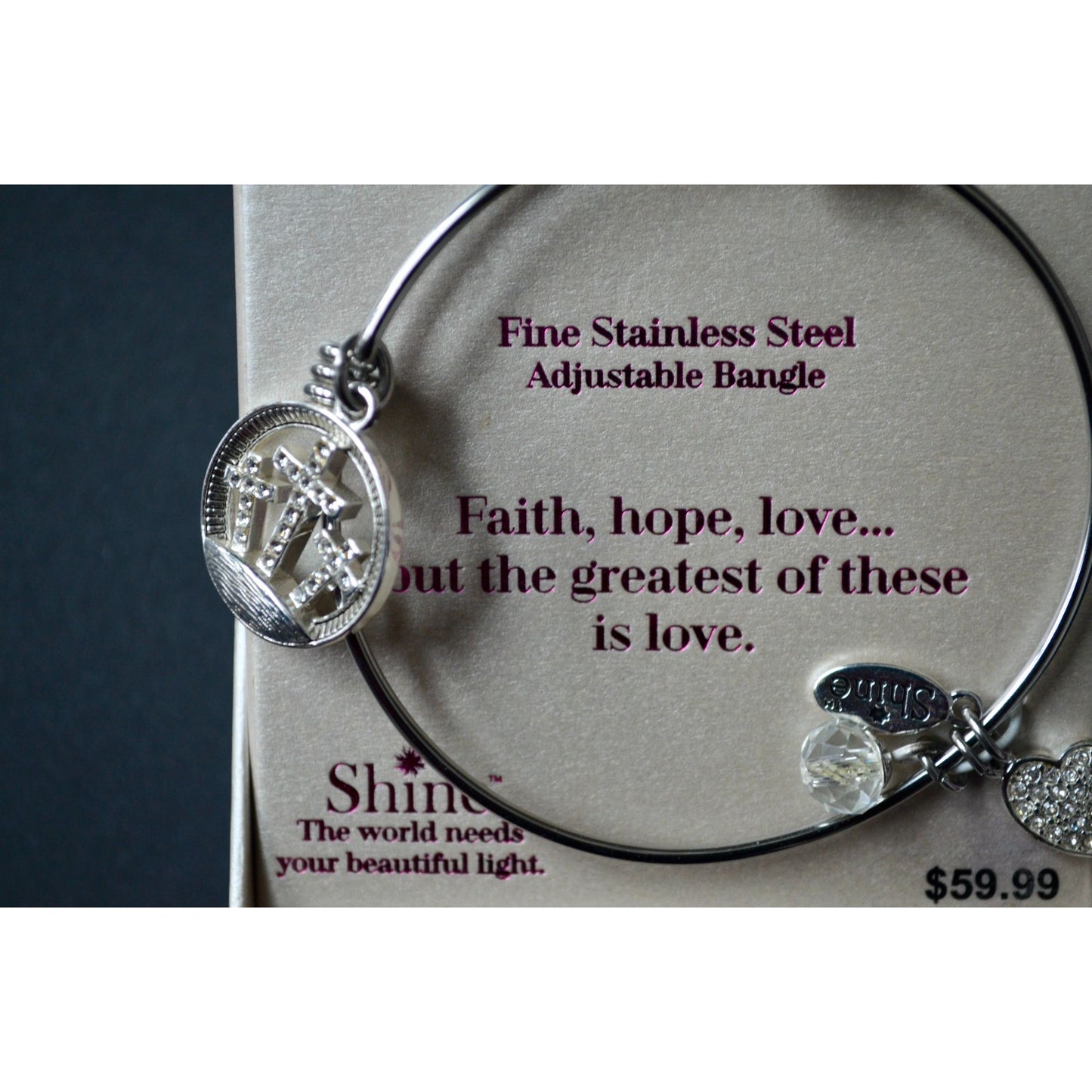 Shine Faith Hope Love Fine Stainless Steel Adjustable Bangle Bracelet New