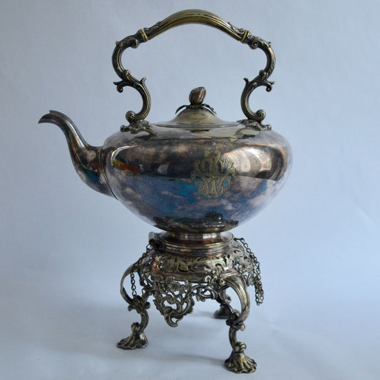 Antique Silver Tilting Tea Kettle with Warmer and Stand