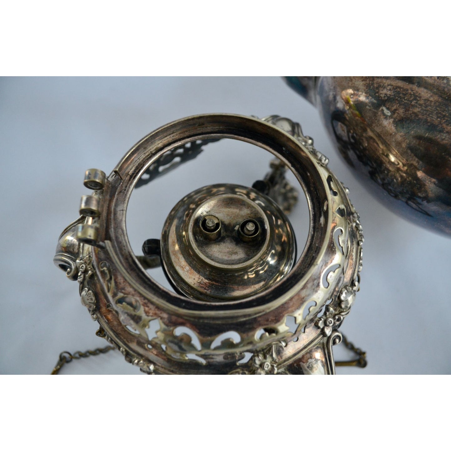 Antique Silver Tilting Tea Kettle with Warmer and Stand